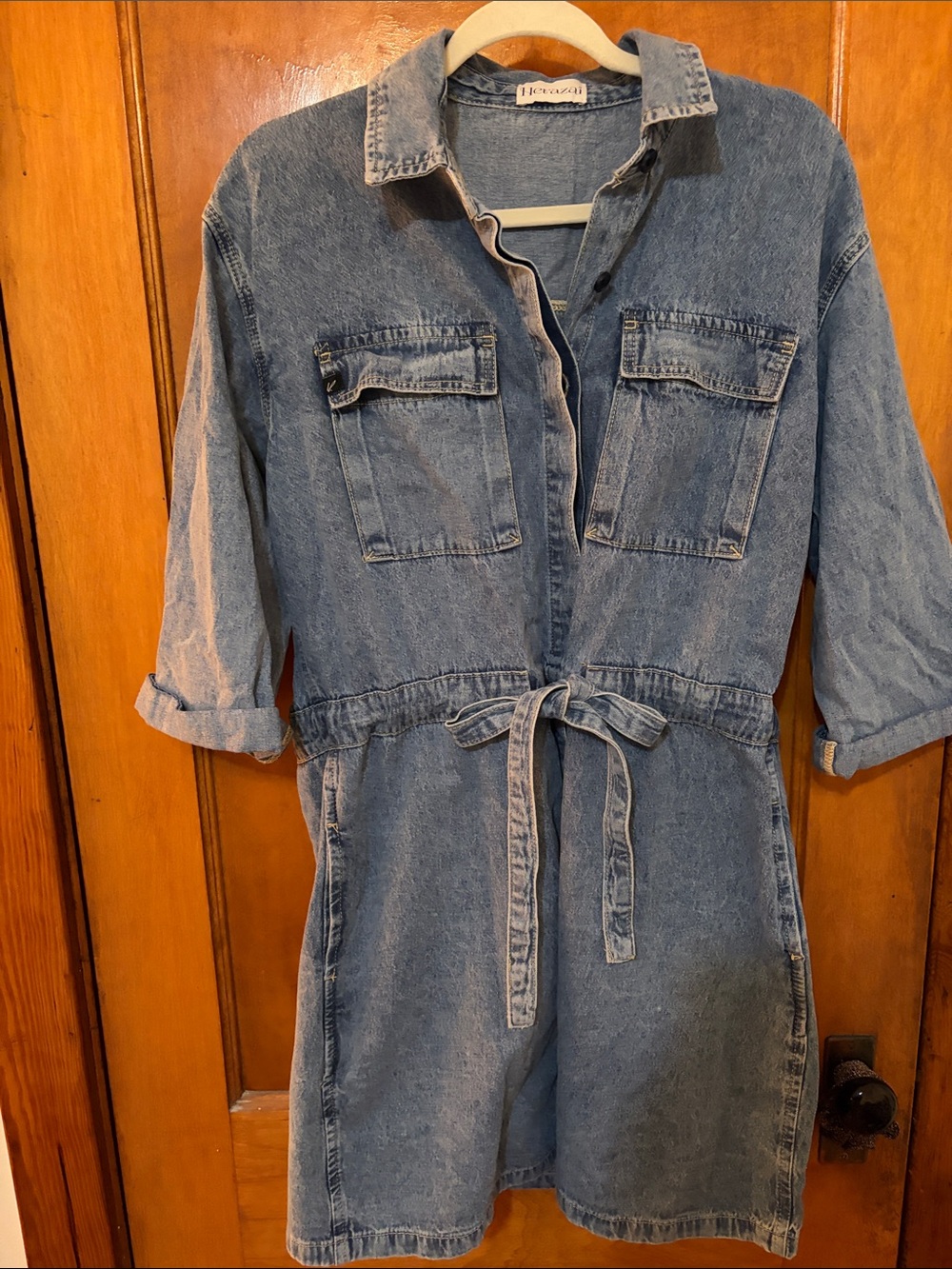 Denim Shirt Dress with Tie Waist - Blue